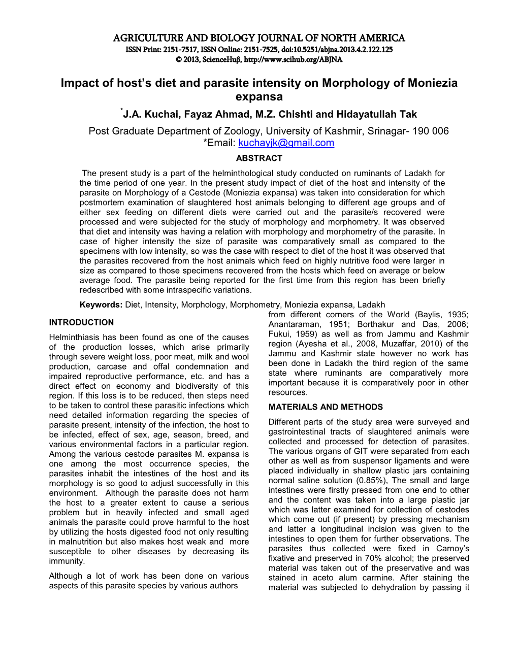 Impact of Host's Diet and Parasite Intensity on Morphology of Moniezia Expansa