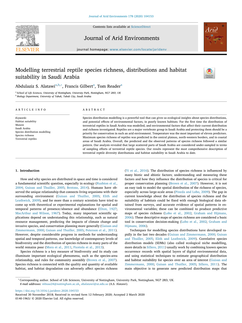 Modelling Terrestrial Reptile Species Richness, Distributions and Habitat Suitability in Saudi Arabia T