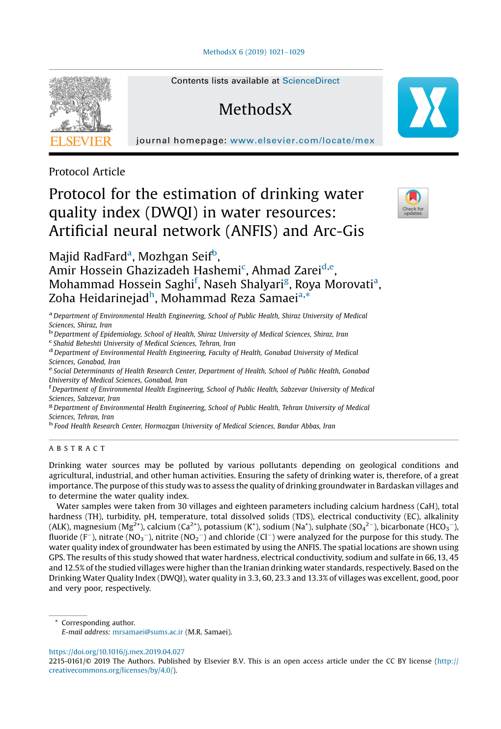 Protocol for the Estimation of Drinking Water Quality Index (DWQI)