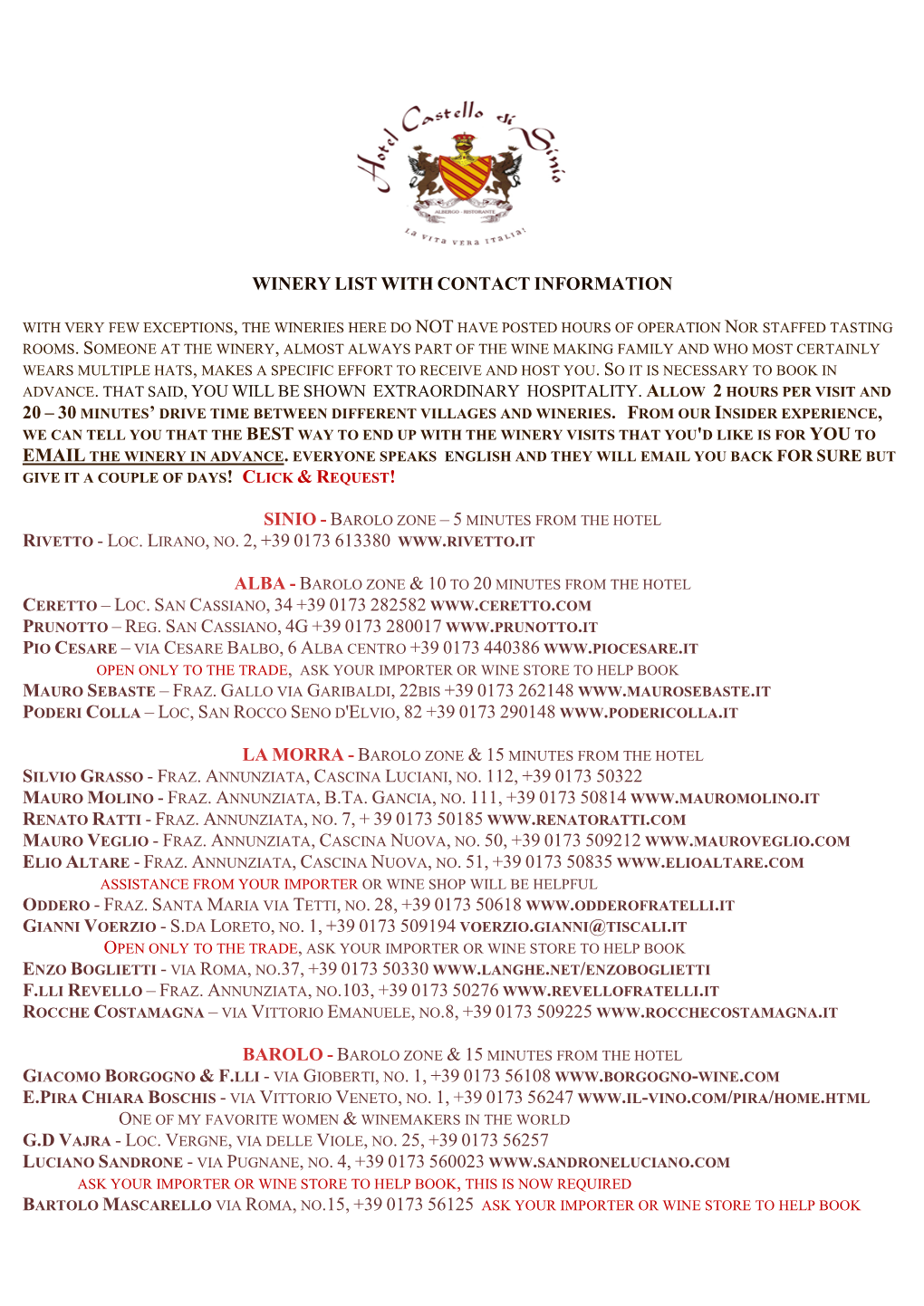Winery List with Contact Information . 20 – 30 Rivetto
