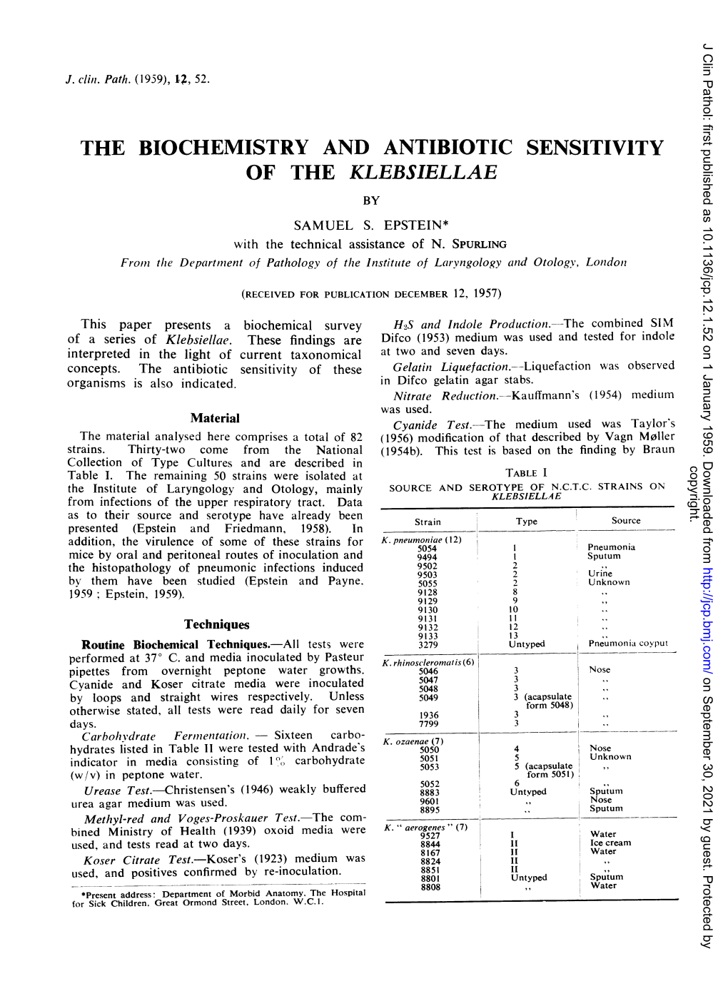 The Biochemistry and Antibiotic Sensitivity of the Klebsiellae by Samuel S