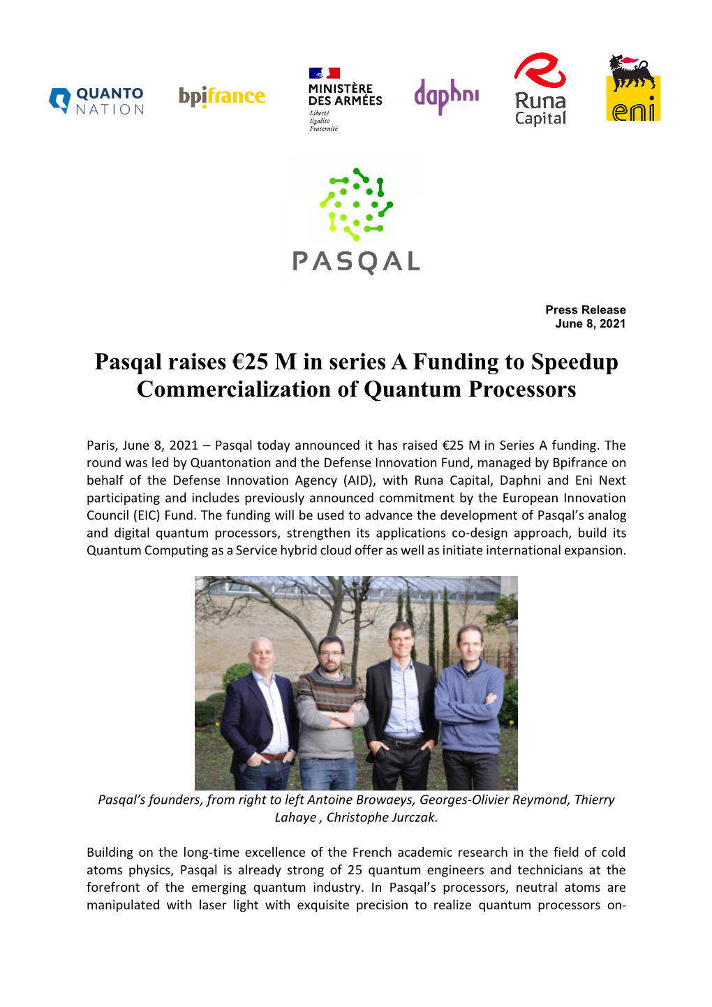 Pasqal Raises €25 M in Series a Funding to Speedup Commercialization of Quantum Processors