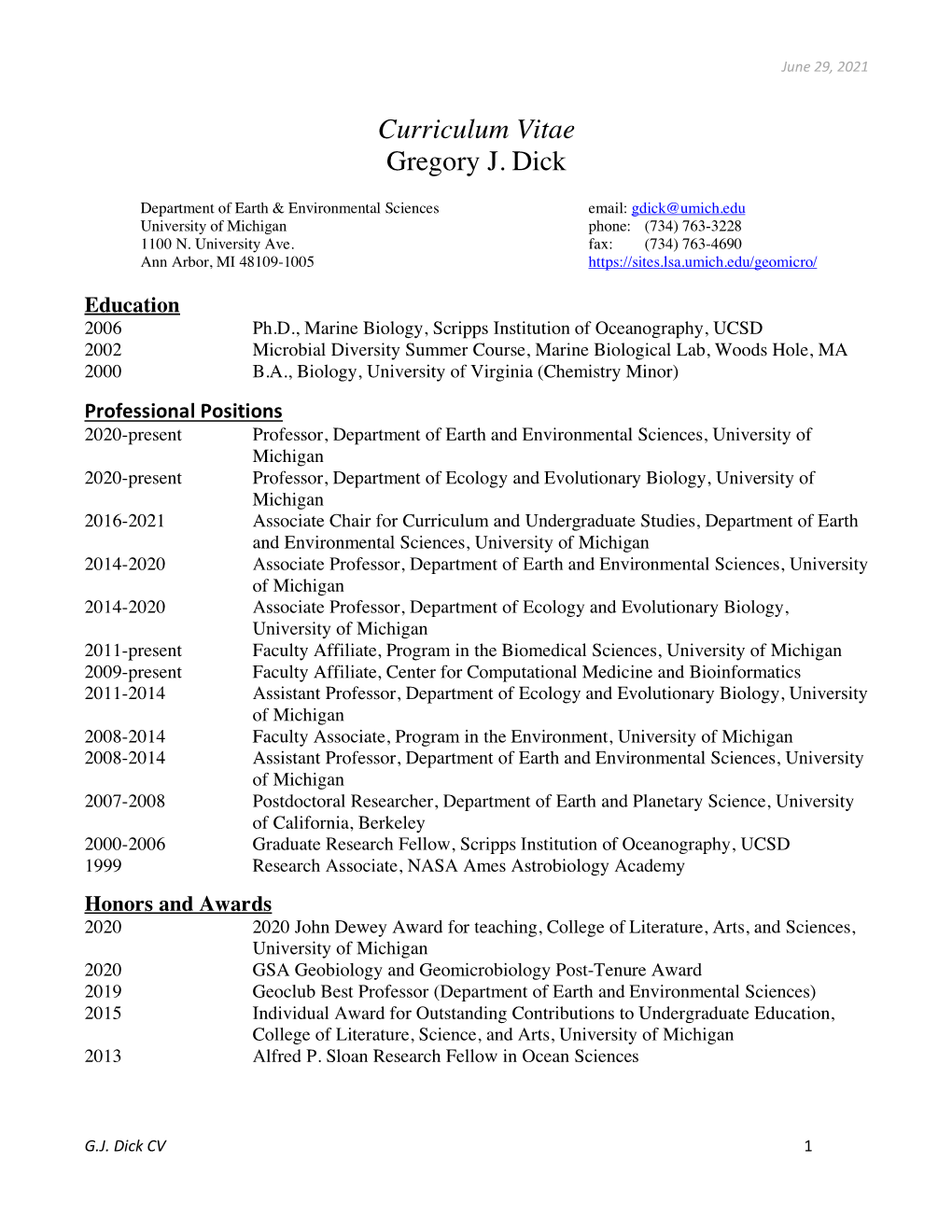 Curriculum Vitae Gregory J. Dick