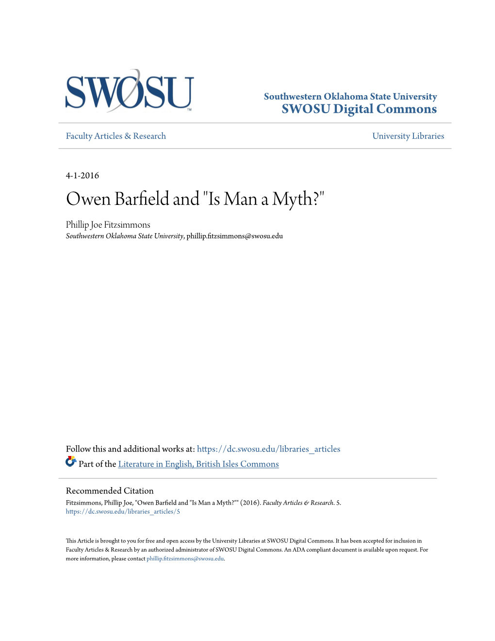 Is Man a Myth?" Phillip Joe Fitzsimmons Southwestern Oklahoma State University, Phillip.Fitzsimmons@Swosu.Edu