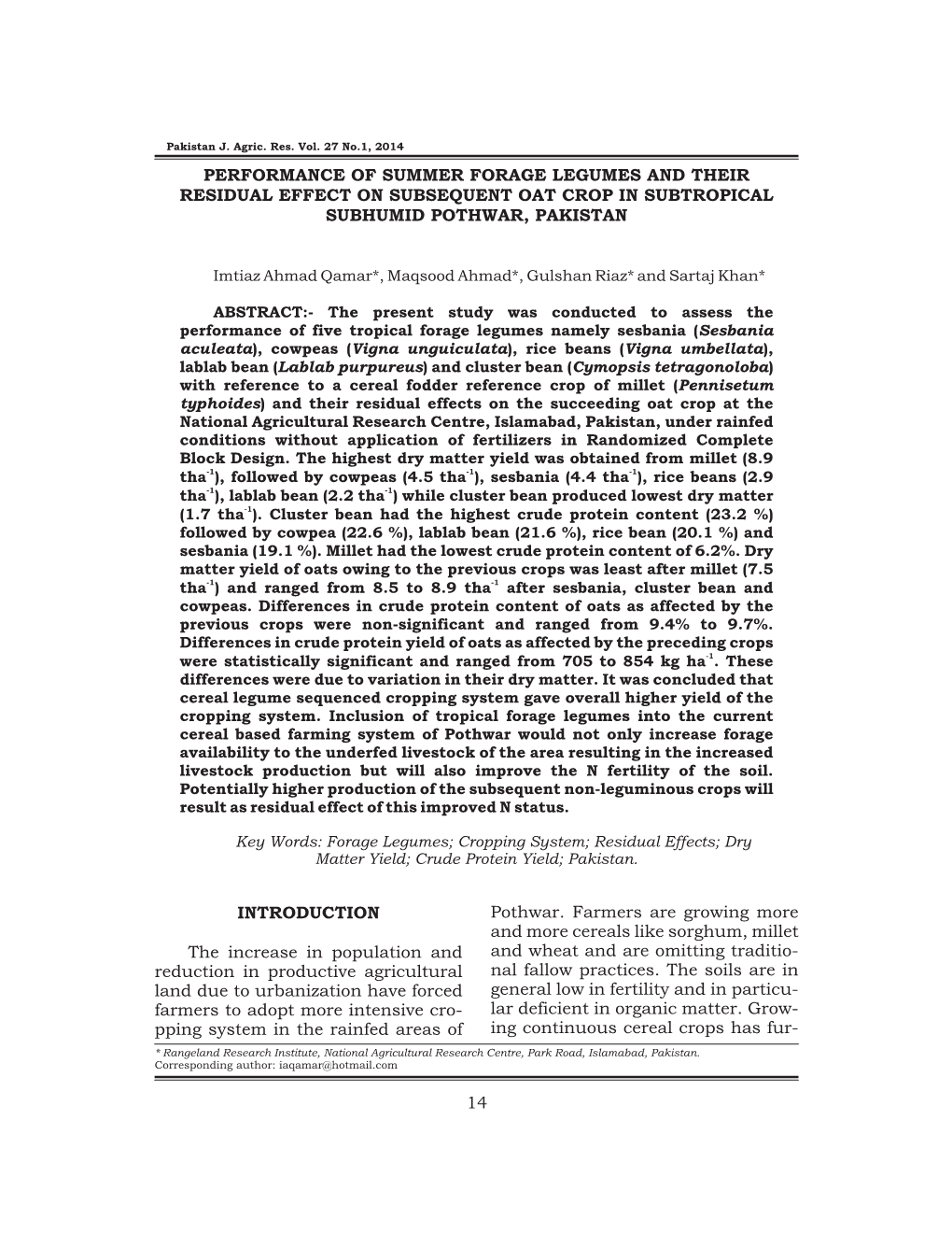 14 Performance of Summer Forage Legumes and Their Residual Effect on Subsequent Oat Crop in Subtropical Subhumid Pothwar, Pakistan