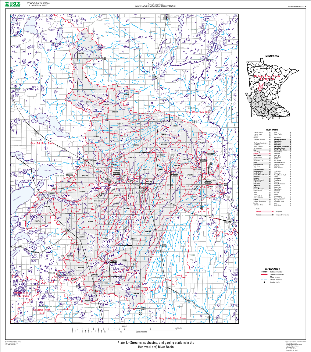 Plate 1.--Streams, Subbasins, and Gaging Stations in the Redeye (Leaf