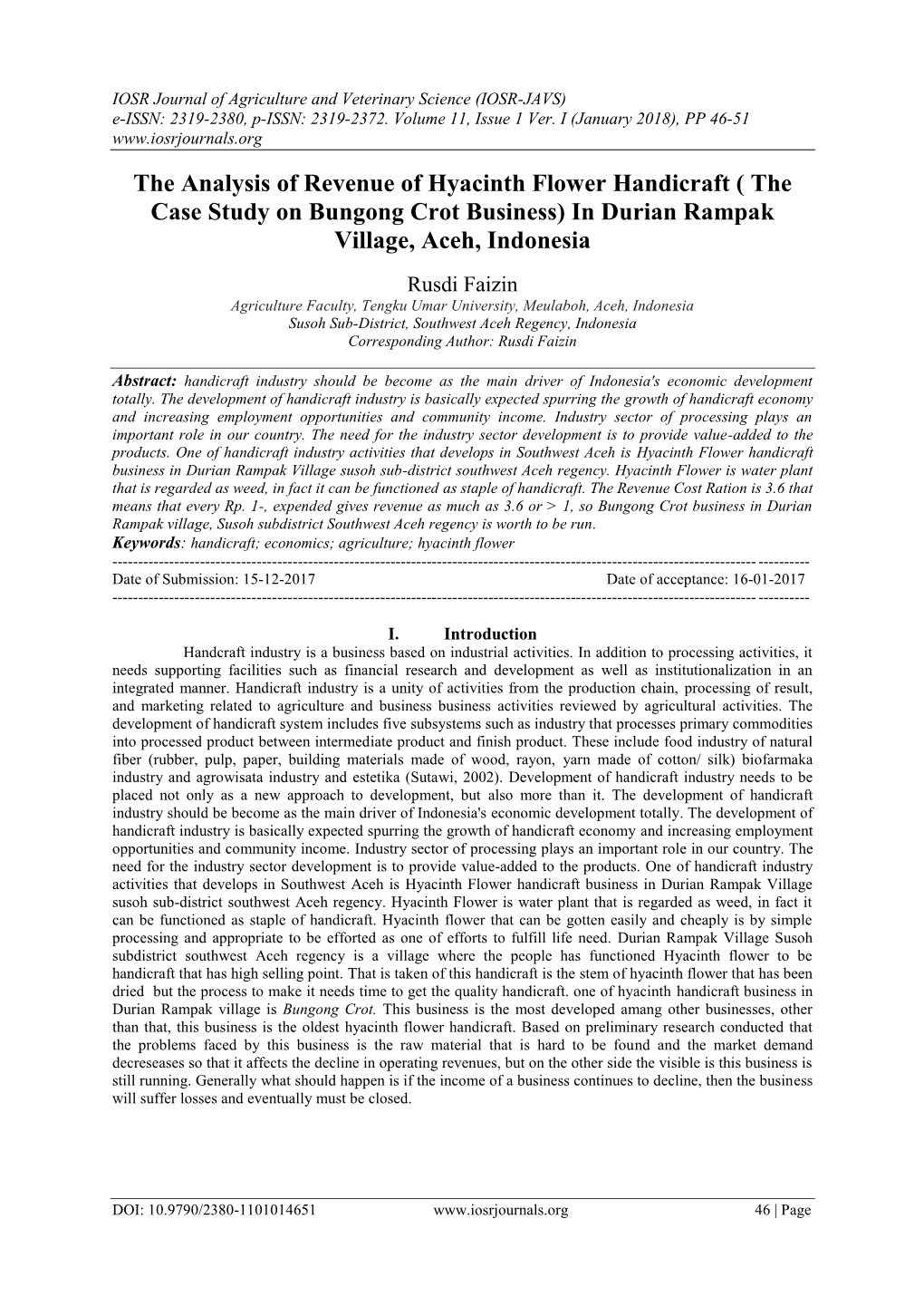 The Analysis of Revenue of Hyacinth Flower Handicraft ( the Case Study on Bungong Crot Business) in Durian Rampak Village, Aceh, Indonesia