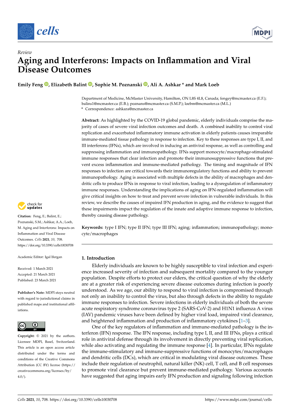 Aging and Interferons: Impacts on Inﬂammation and Viral Disease Outcomes