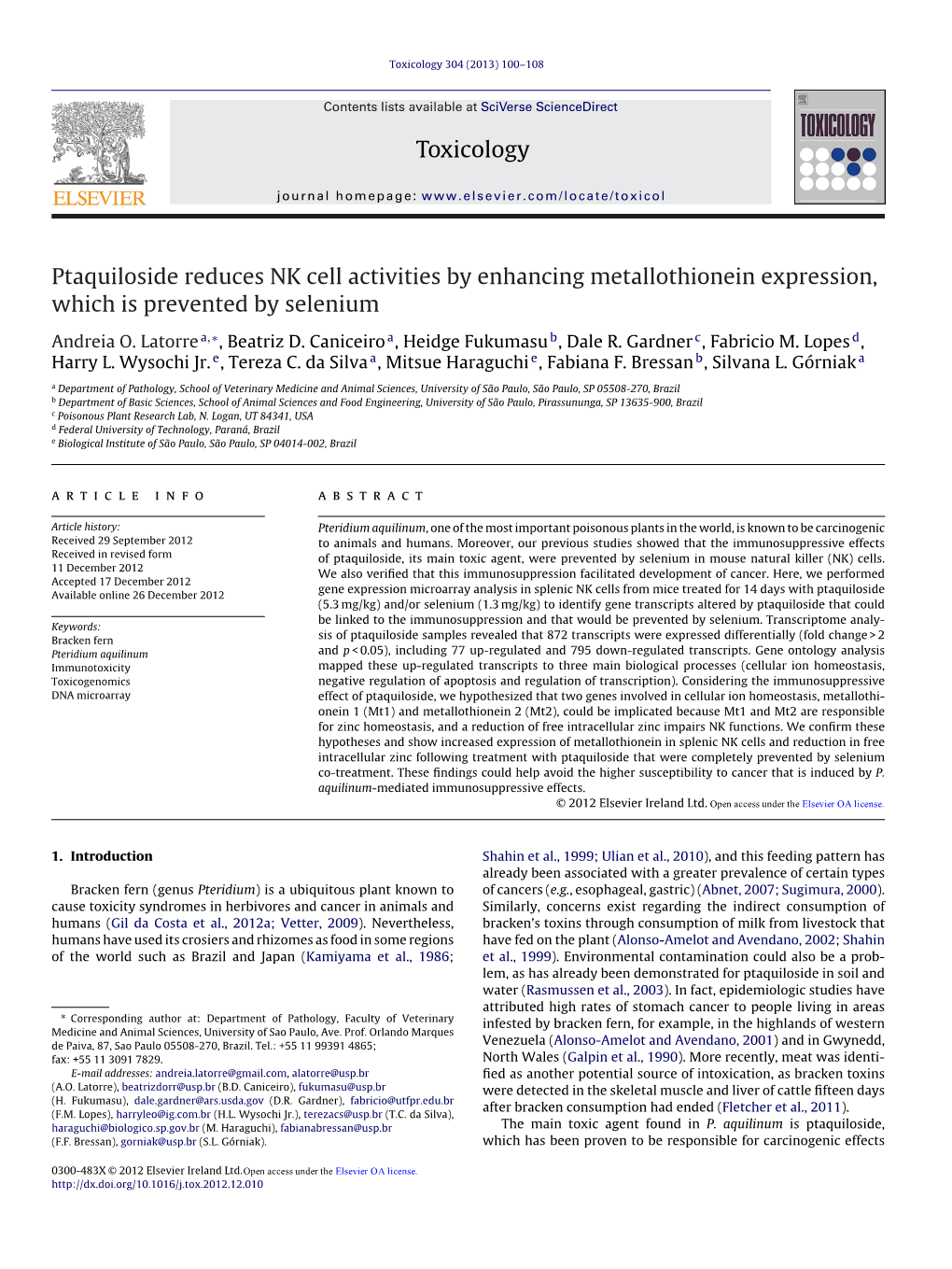 Ptaquiloside Reduces NK Cell Activities by Enhancing Metallothionein Expression