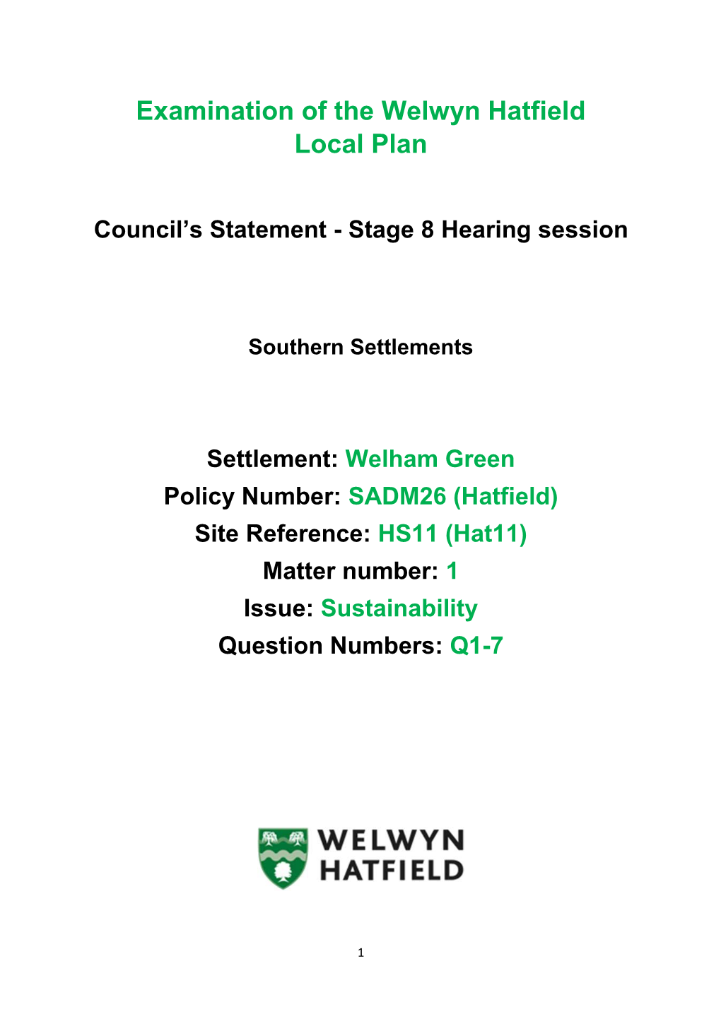 Welwyn Hatfield Council Welham Green Questions 1-7 HS11 (Hat11)