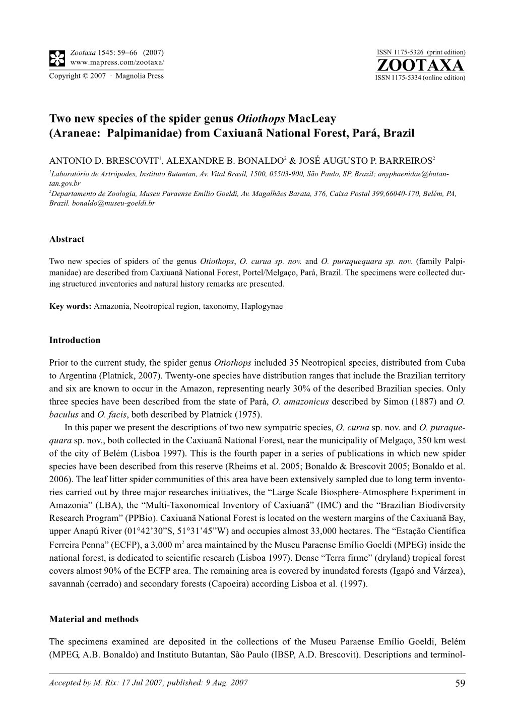 Zootaxa,Two New Species of the Spider Genus Otiothops Macleay