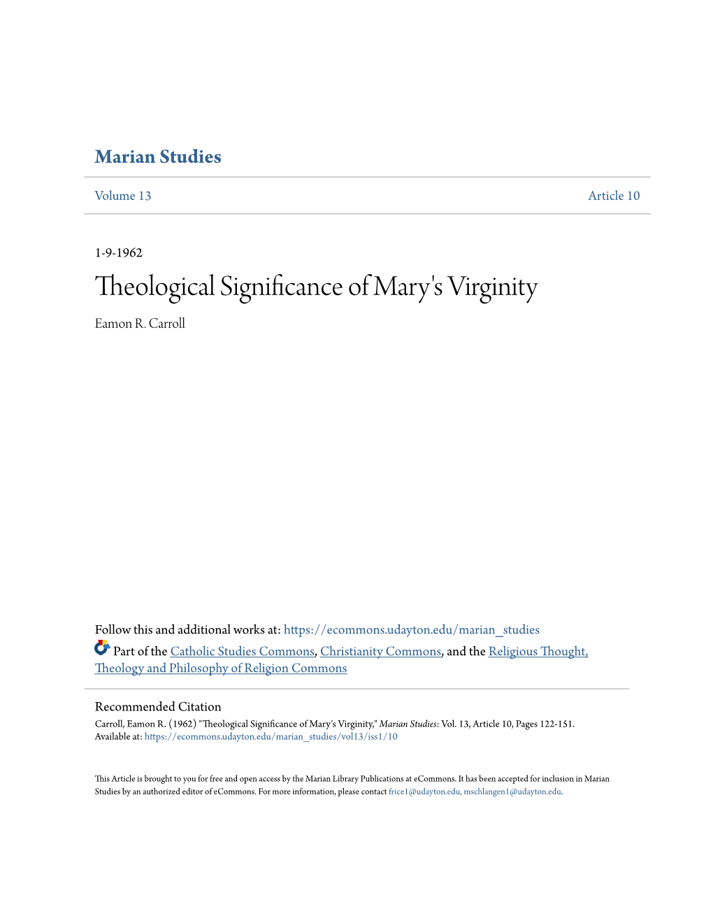 Theological Significance of Mary's Virginity Eamon R