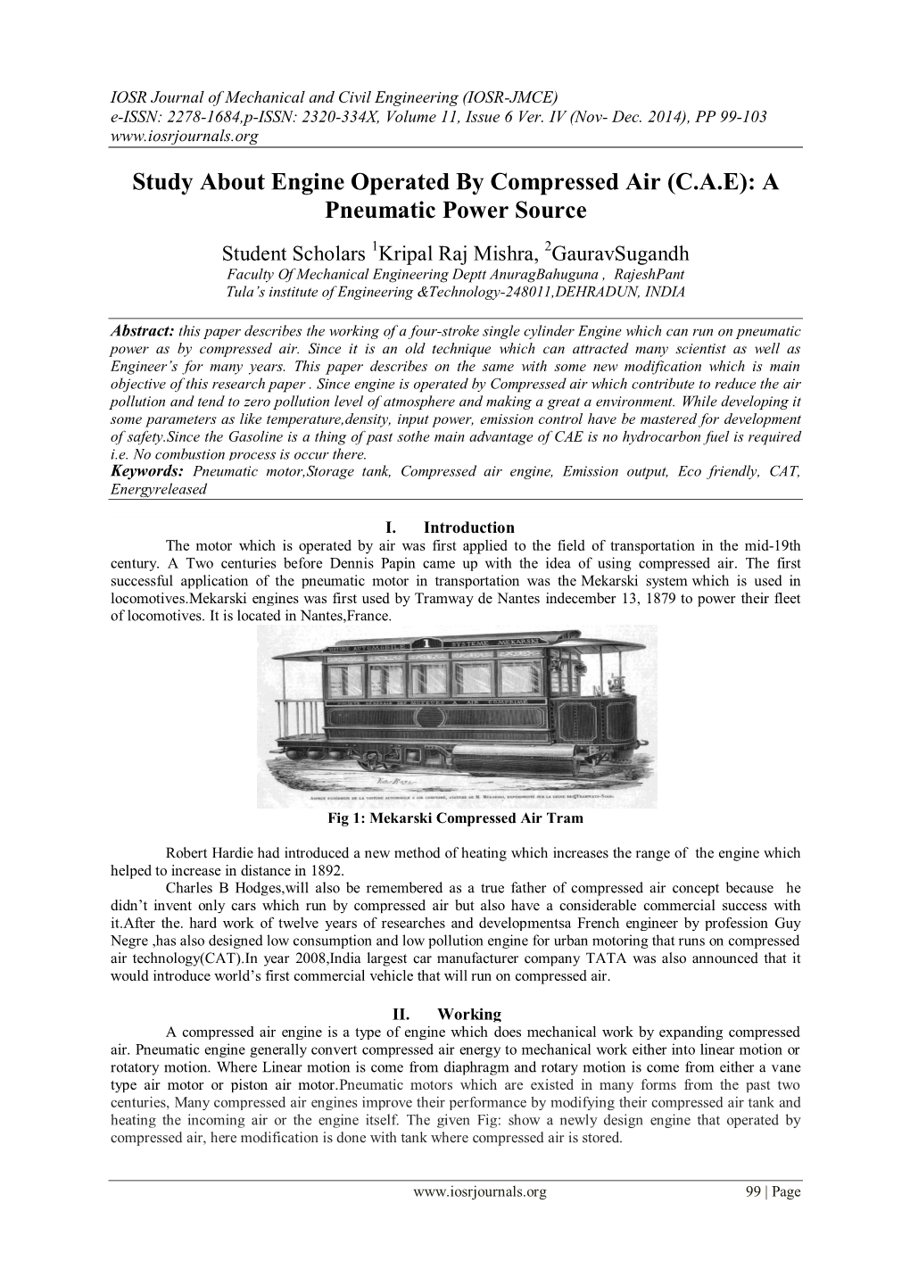 Study About Engine Operated by Compressed Air (C.A.E): a Pneumatic Power Source