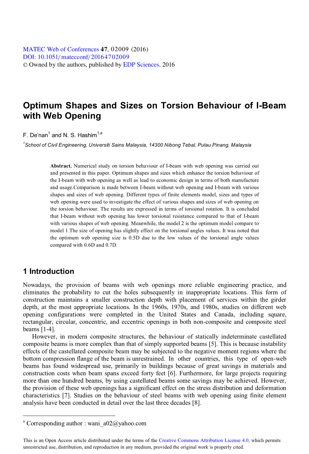 Optimum Shapes and Sizes on Torsion Behaviour of I-Beam with Web Opening