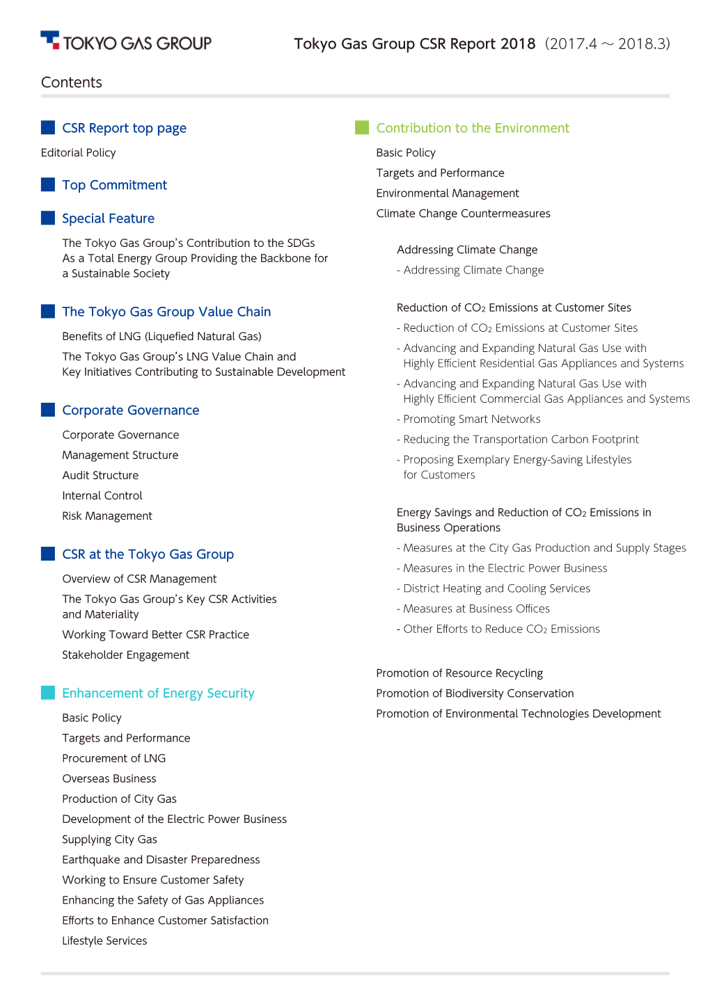 Tokyo Gas Group CSR Report 2018（2017.4 ∼ 2018.3） Contents