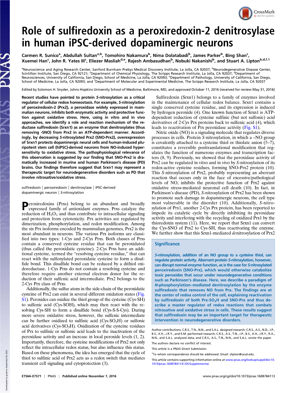 Role of Sulfiredoxin As a Peroxiredoxin-2 Denitrosylase in Human Ipsc-Derived Dopaminergic Neurons