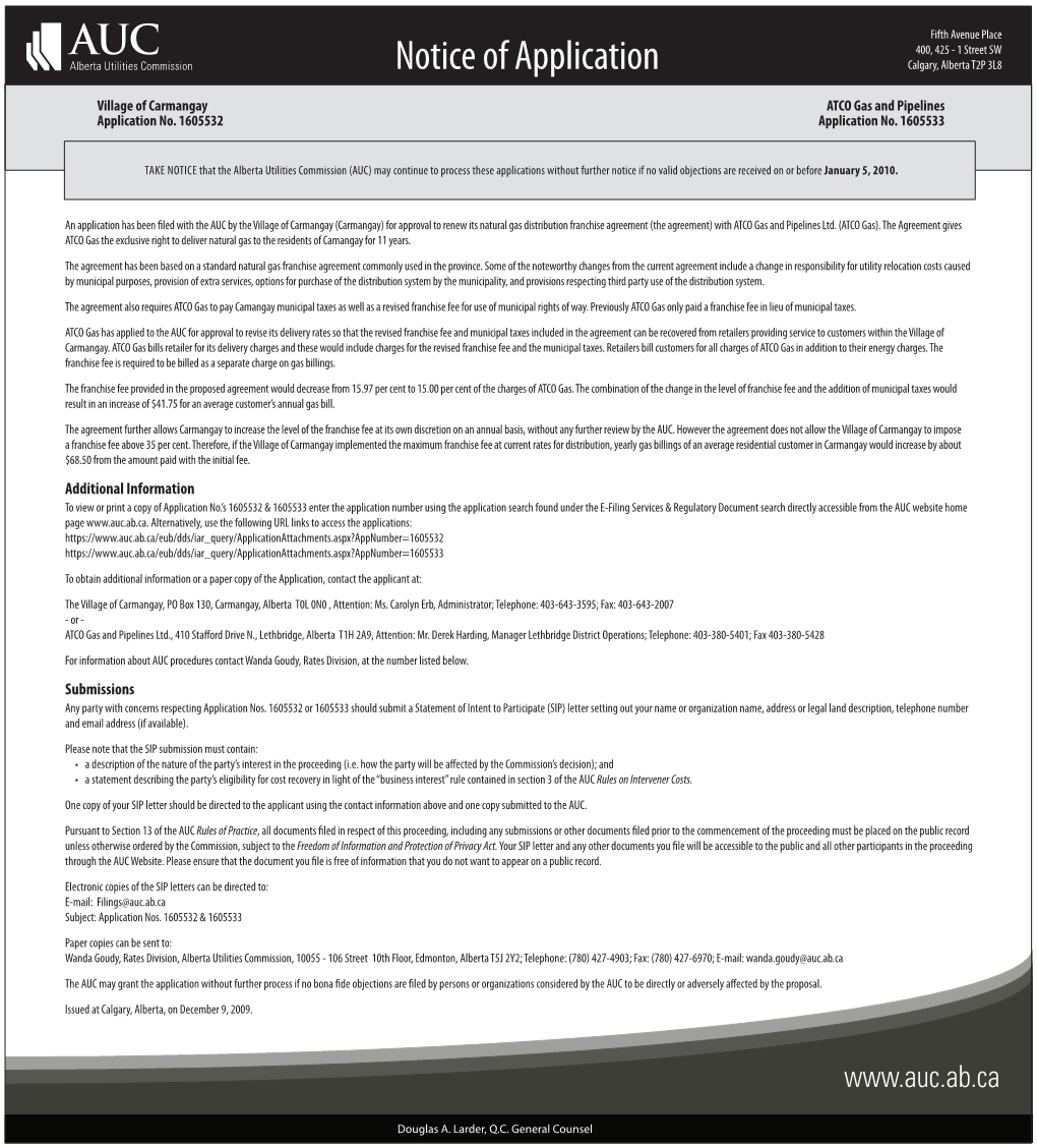 Notice of Application Calgary, Alberta T2P 3L8