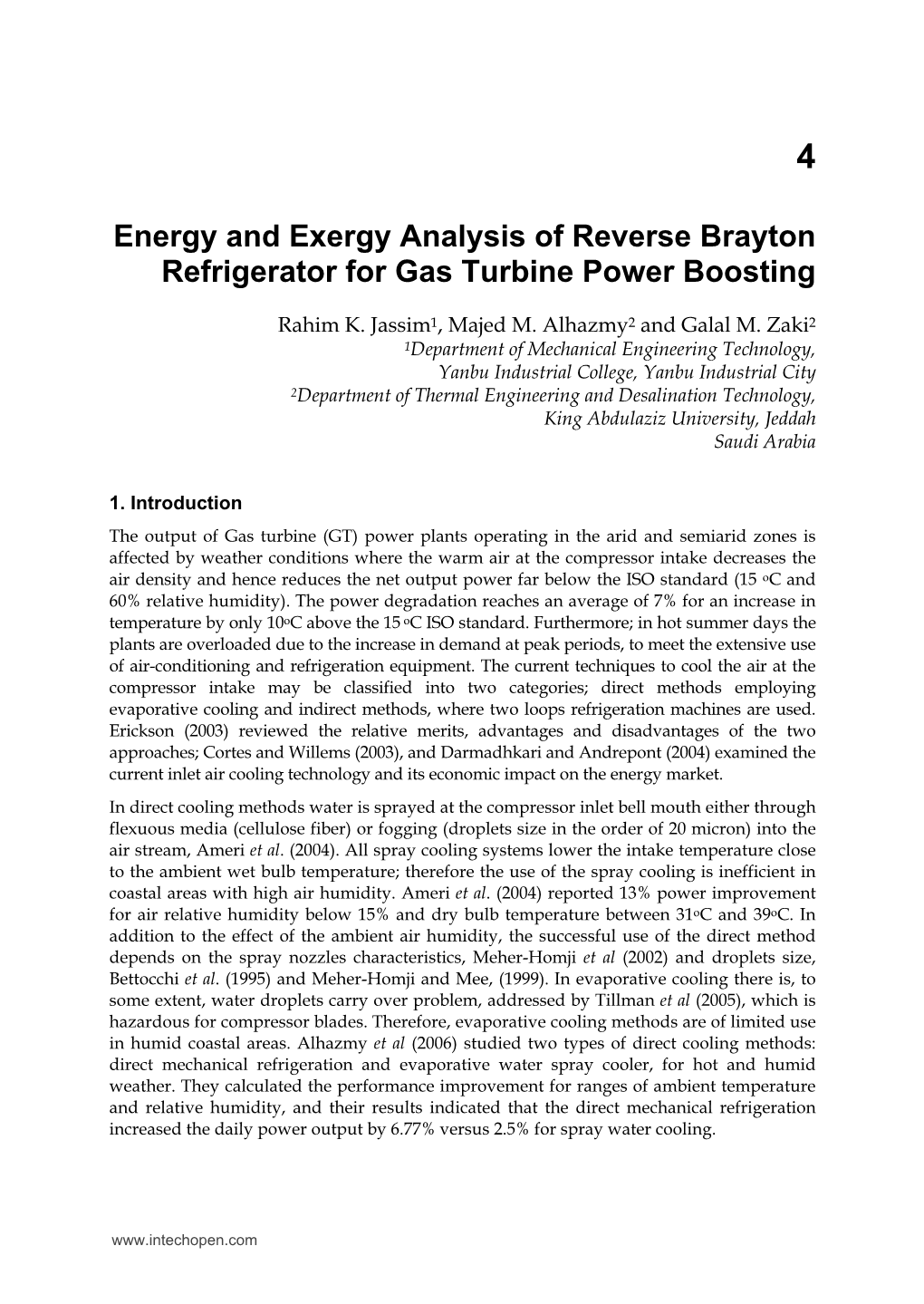 Energy and Exergy Analysis of Reverse Brayton Refrigerator for Gas Turbine Power Boosting