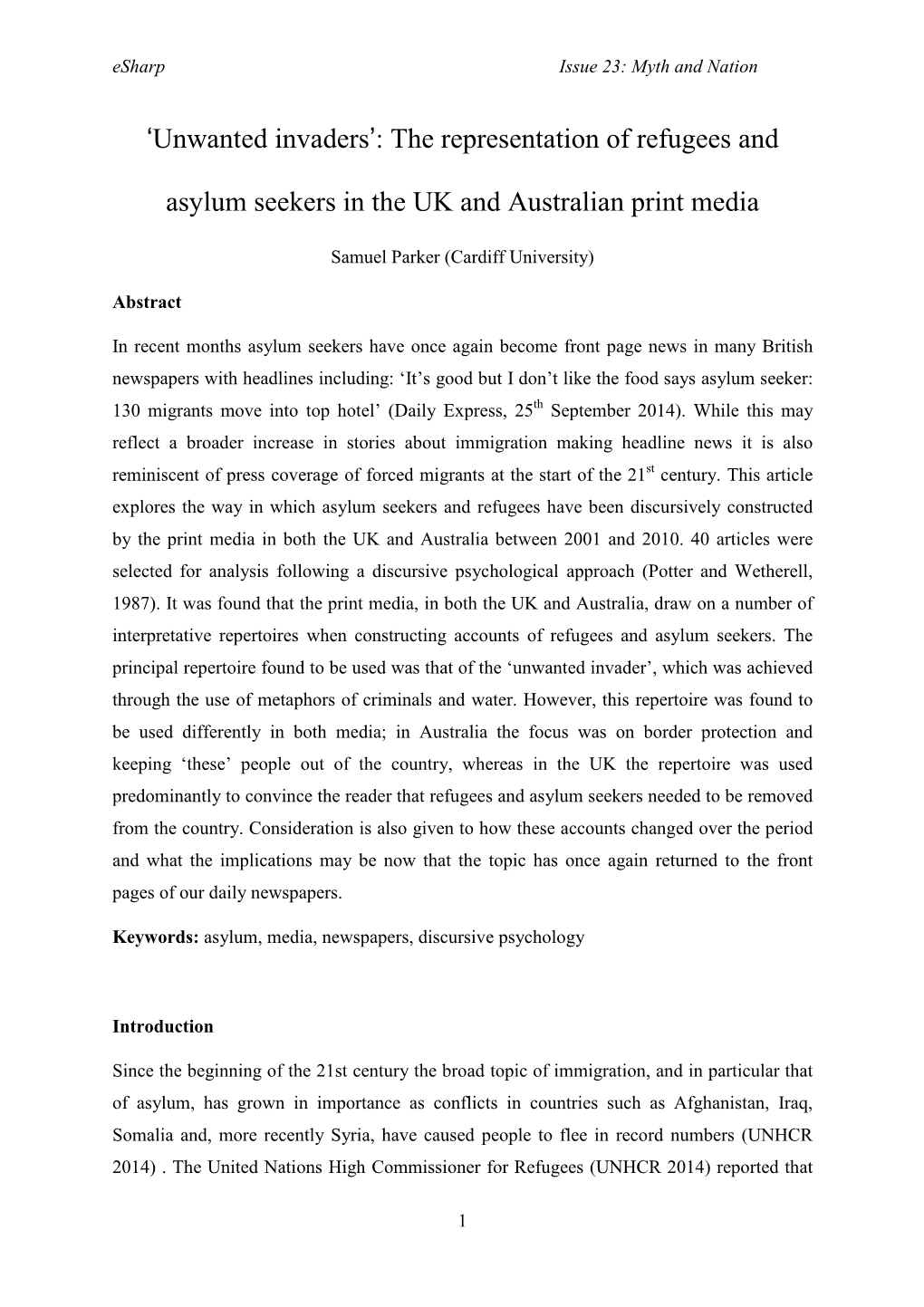 The Representation of Refugees and Asylum Seekers in the UK