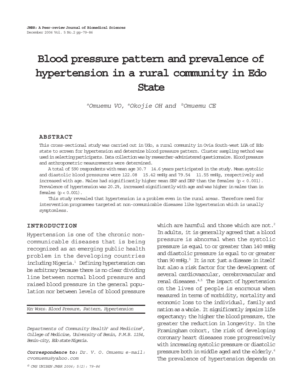 Blood Pressure Pattern and Prevalence of Hypertension in a Rural Community in Edo State