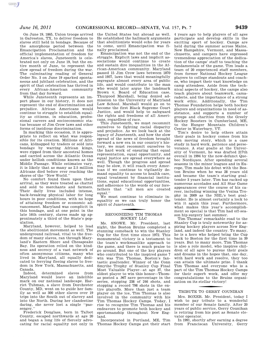 CONGRESSIONAL RECORD—SENATE, Vol. 157, Pt. 7 June 16