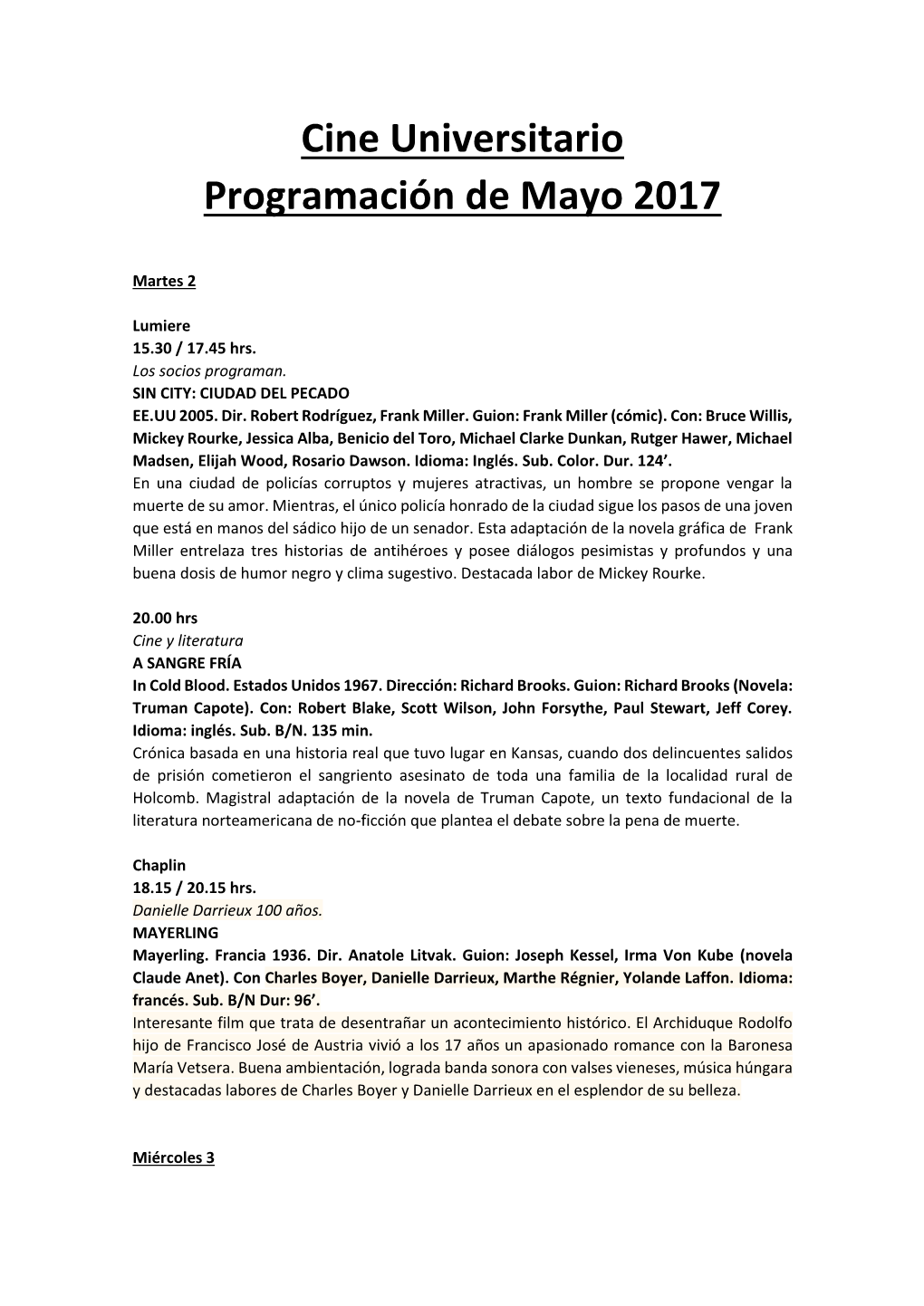 Cine Universitario Programación De Mayo 2017