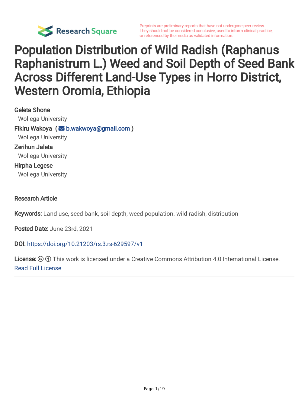 Population Distribution of Wild Radish (Raphanus Raphanistrum
