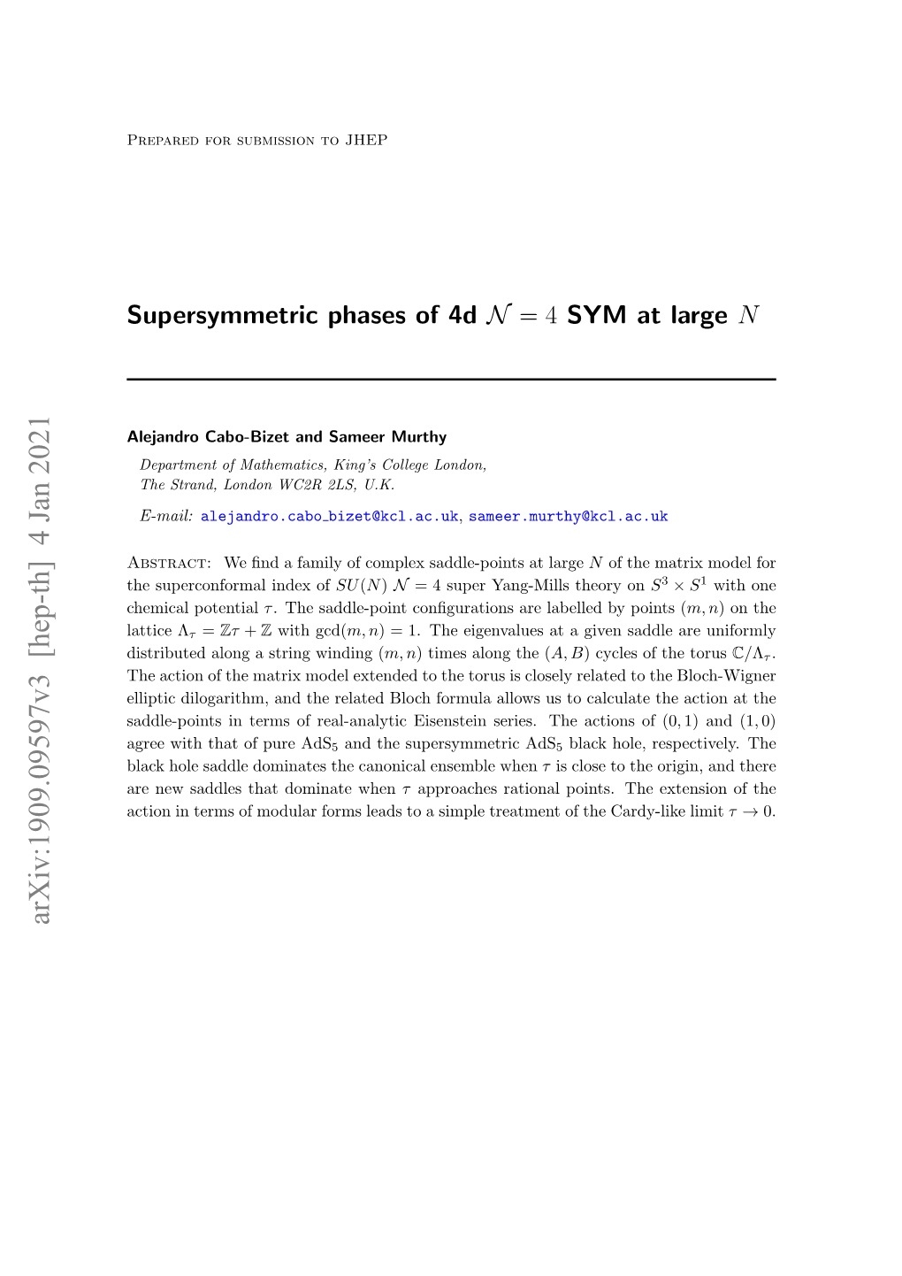 Supersymmetric Phases of 4D N = 4 SYM at Large N