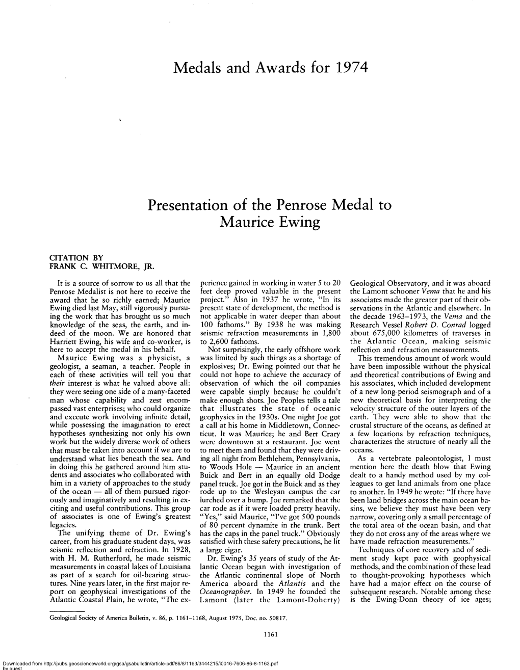 Medals and Awards for 1974 Presentation of the Penrose Medal to Maurice Ewing