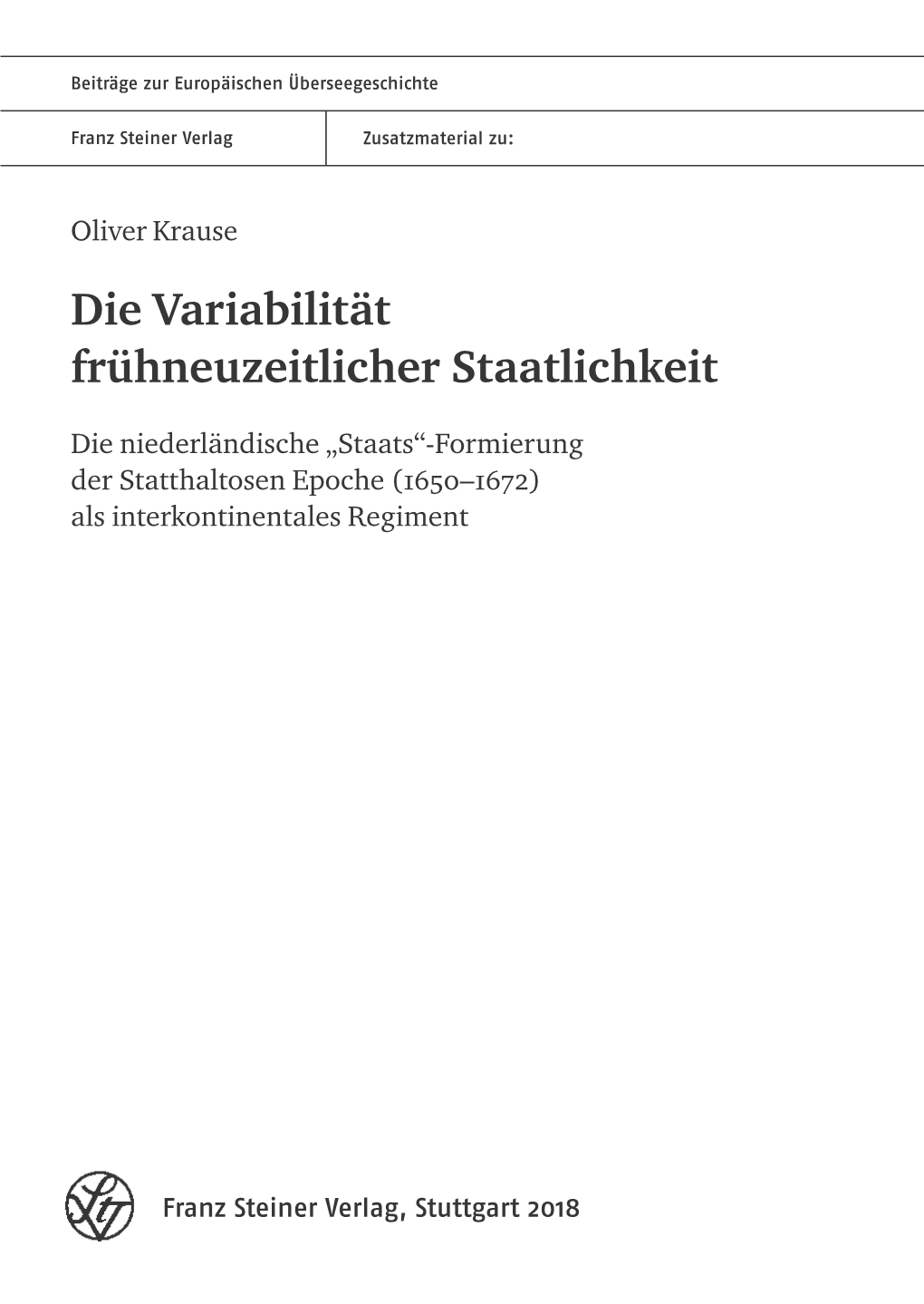 Die Variabilität Frühneuzeitlicher Staatlichkeit