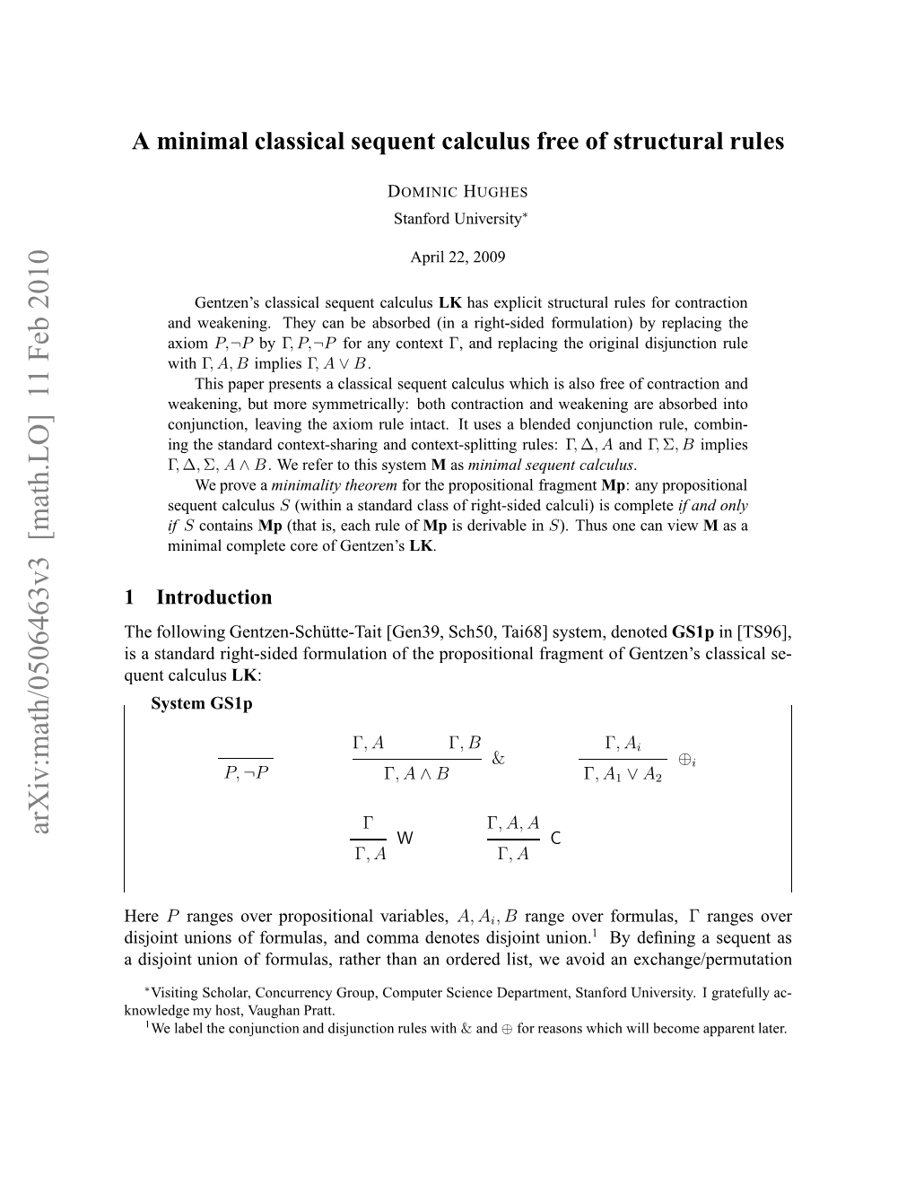 A Minimal Classical Sequent Calculus Free of Structural Rules