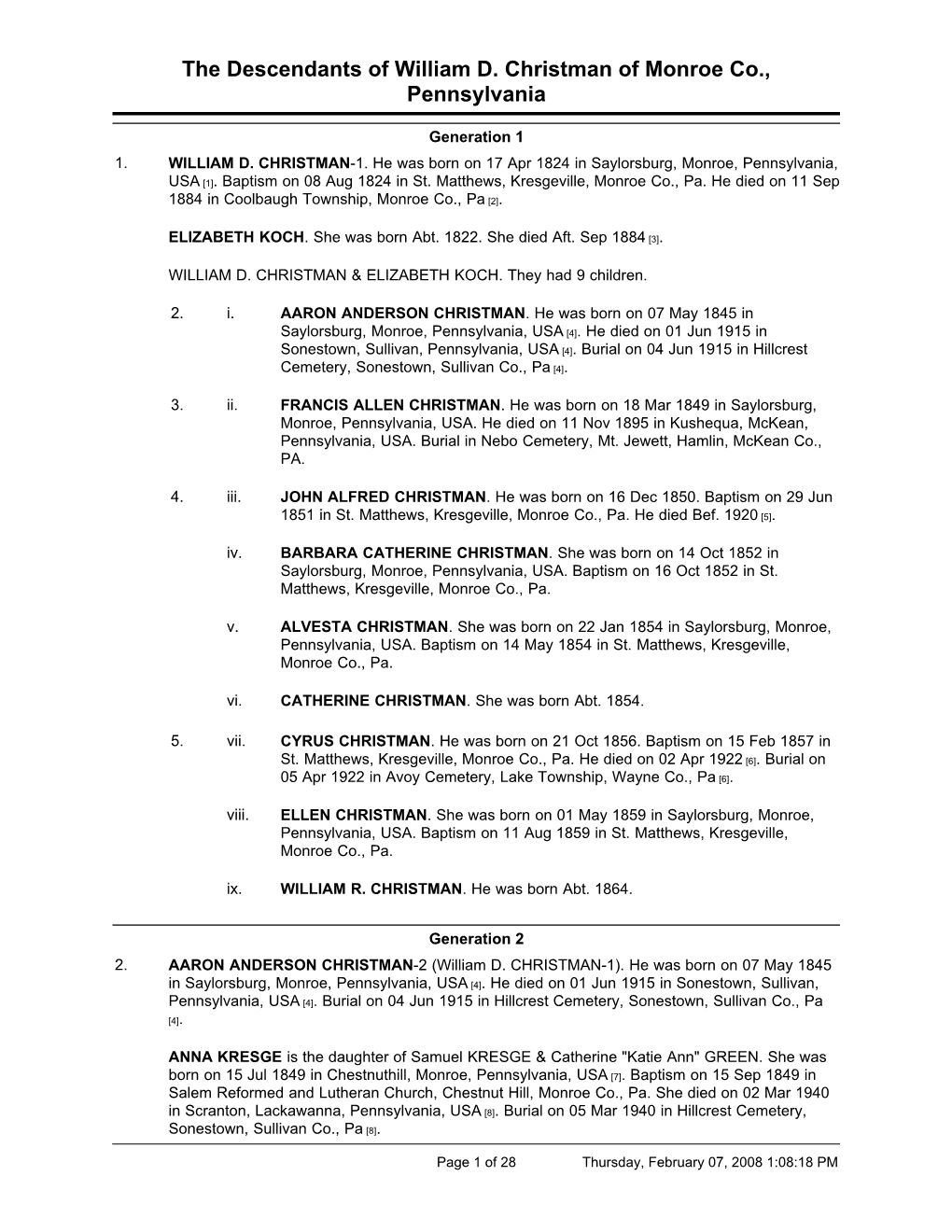 The Descendants of William D. Christman of Monroe Co., Pennsylvania