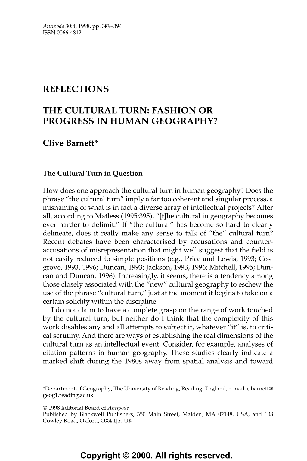 Reflections the Cultural Turn: Fashion Or Progress