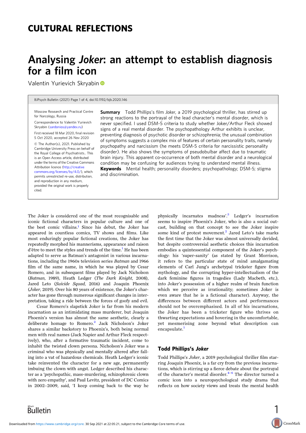 Analysing Joker: an Attempt to Establish Diagnosis for a Film Icon 1