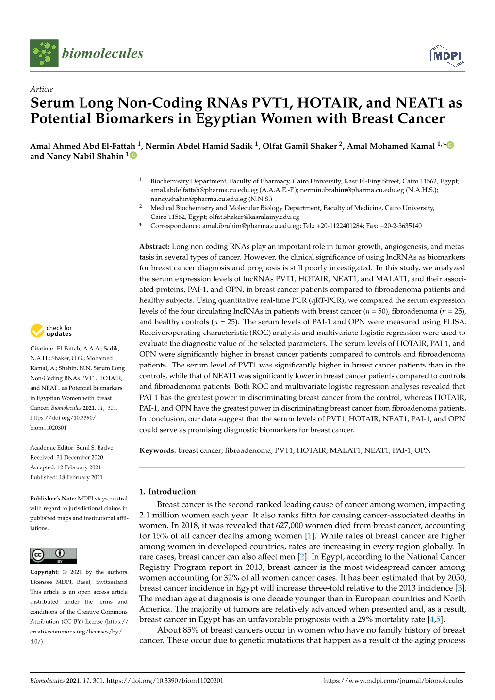 Serum Long Non-Coding Rnas PVT1, HOTAIR, and NEAT1 As Potential Biomarkers in Egyptian Women with Breast Cancer