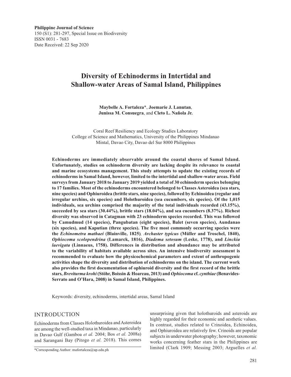 Diversity of Echinoderms in Intertidal and Shallow-Water Areas of Samal Island, Philippines