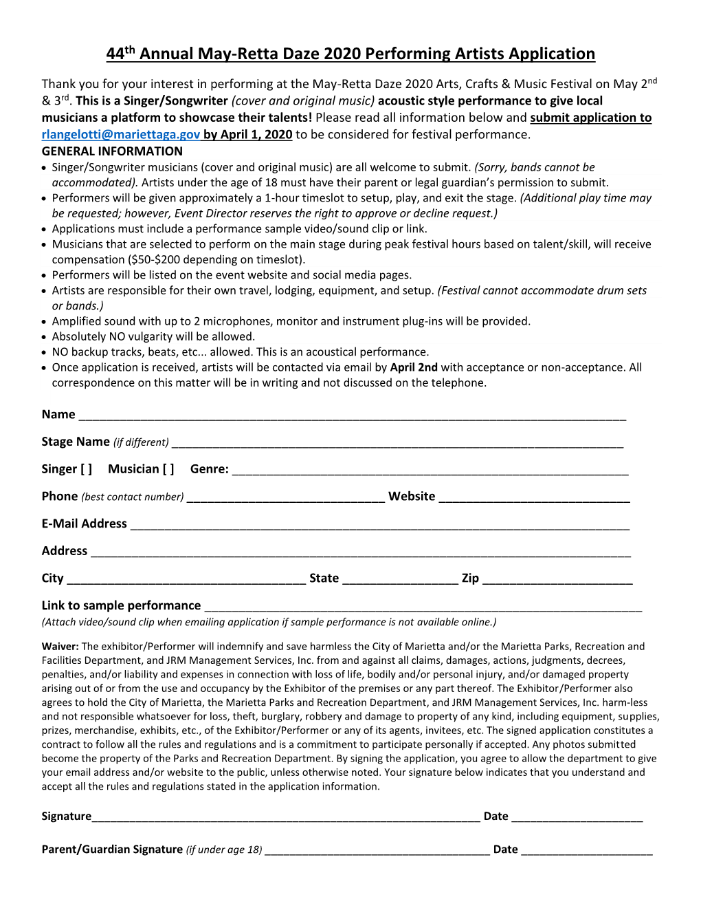 44Th Annual May-Retta Daze 2020 Performing Artists Application