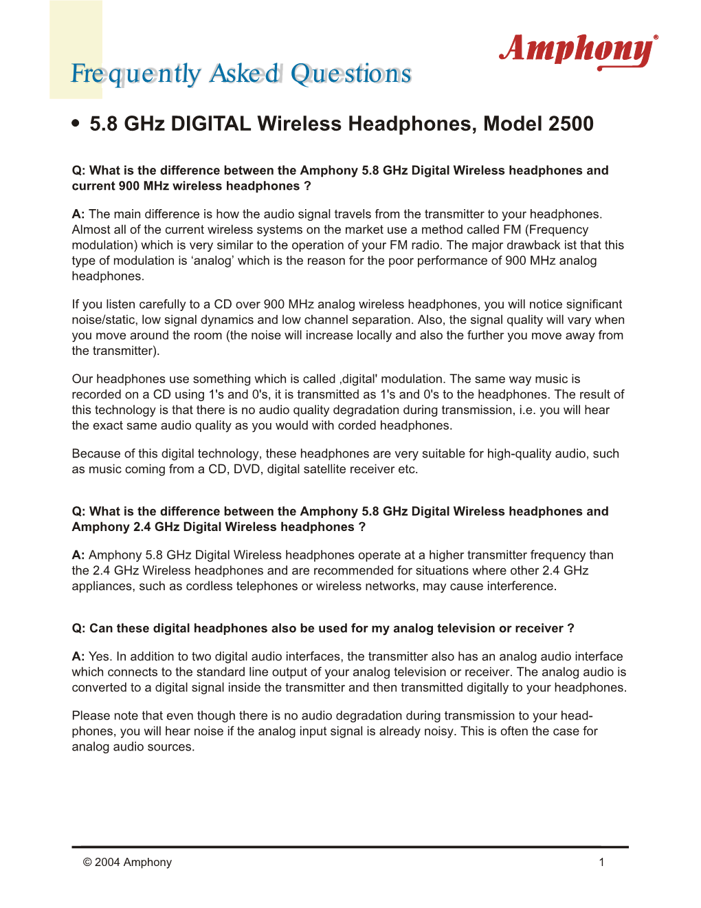 5.8 Ghz DIGITAL Wireless Headphones, Model 2500