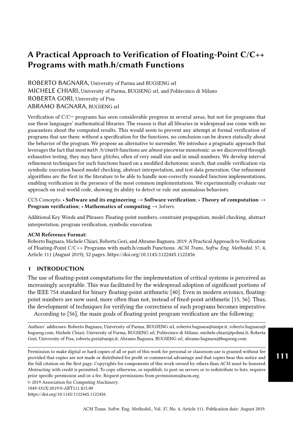 A Practical Approach to Verification of Floating-Point C/C++ Programs with Math.H/Cmath Functions