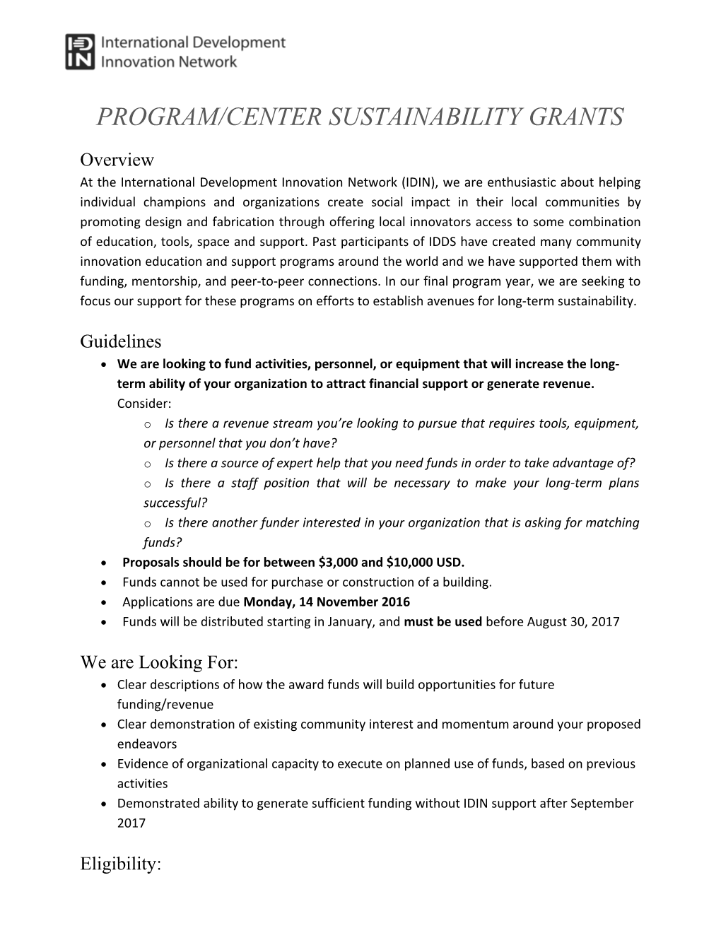 Program/Center Sustainability GRANTS