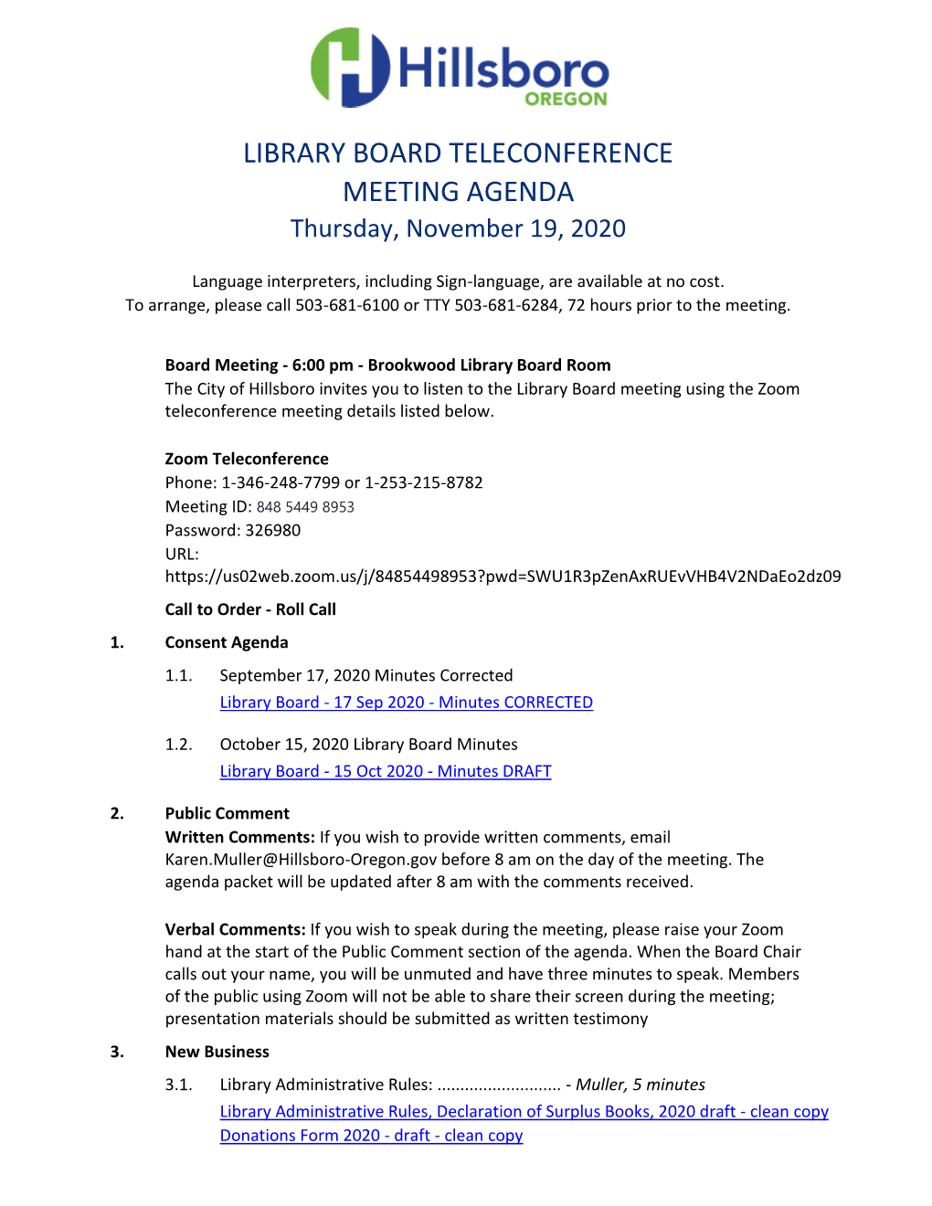 LIBRARY BOARD TELECONFERENCE MEETING AGENDA Thursday, November 19, 2020
