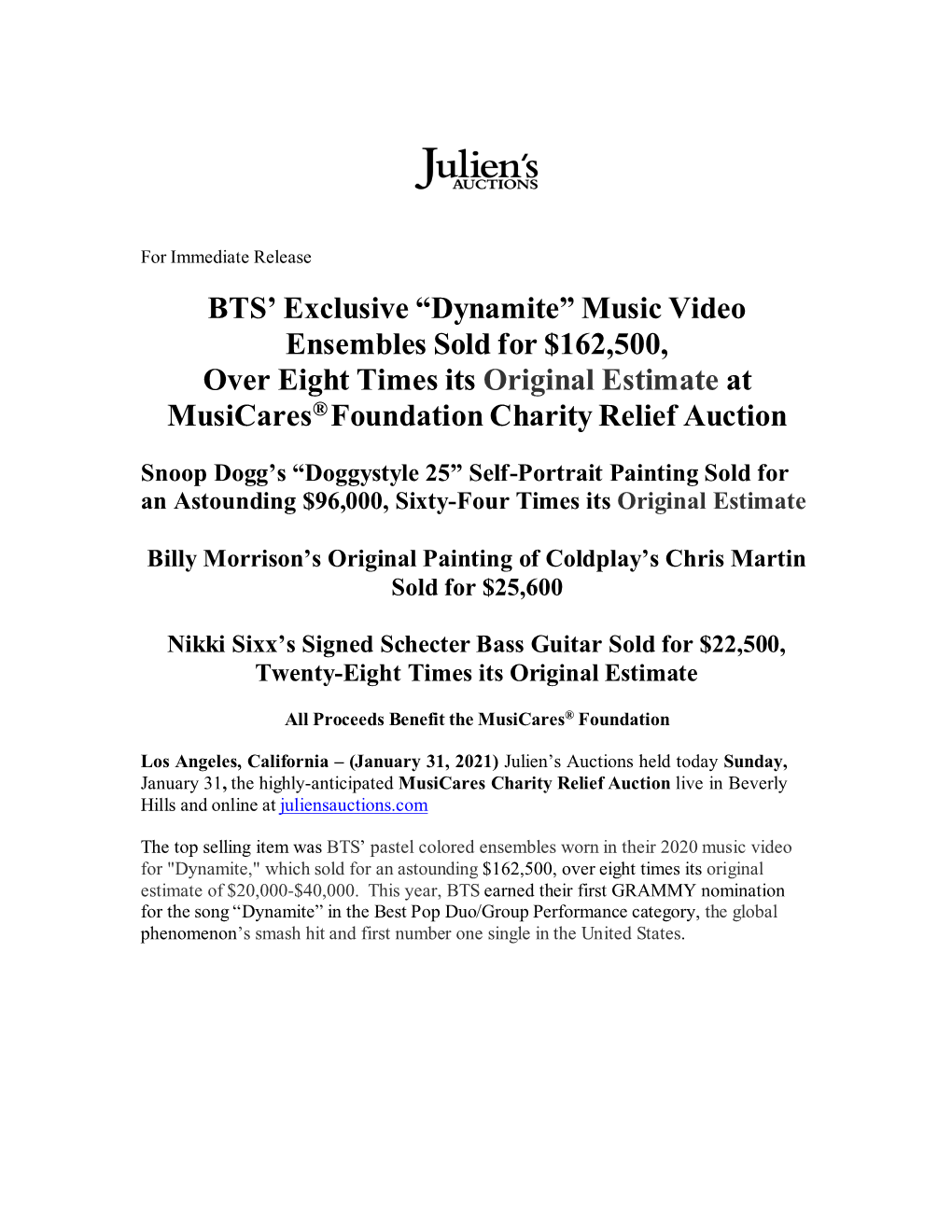 Dynamite” Music Video Ensembles Sold for $162,500, Over Eight Times Its Original Estimate at Musicares® Foundation Charity Relief Auction