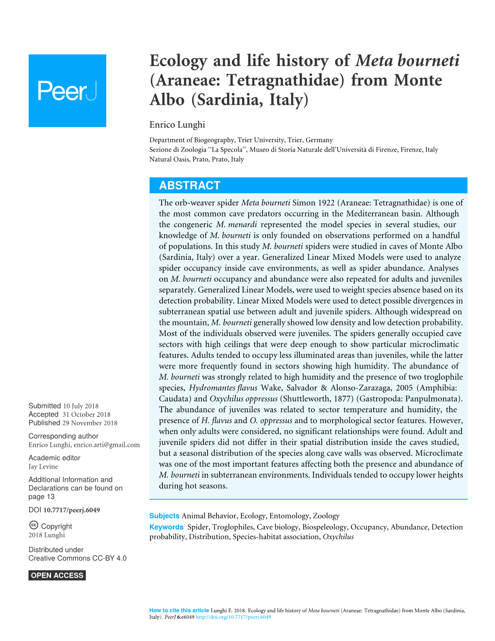 Ecology and Life History of Meta Bourneti (Araneae: Tetragnathidae) from Monte Albo (Sardinia, Italy)