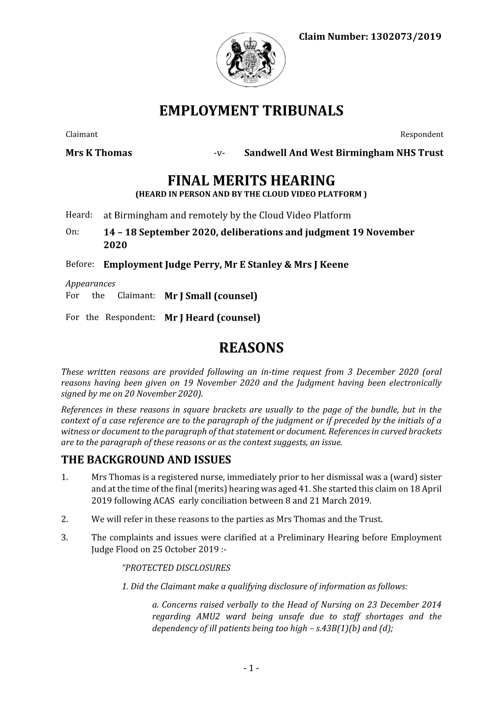 Employment Tribunals Final Merits Hearing Reasons