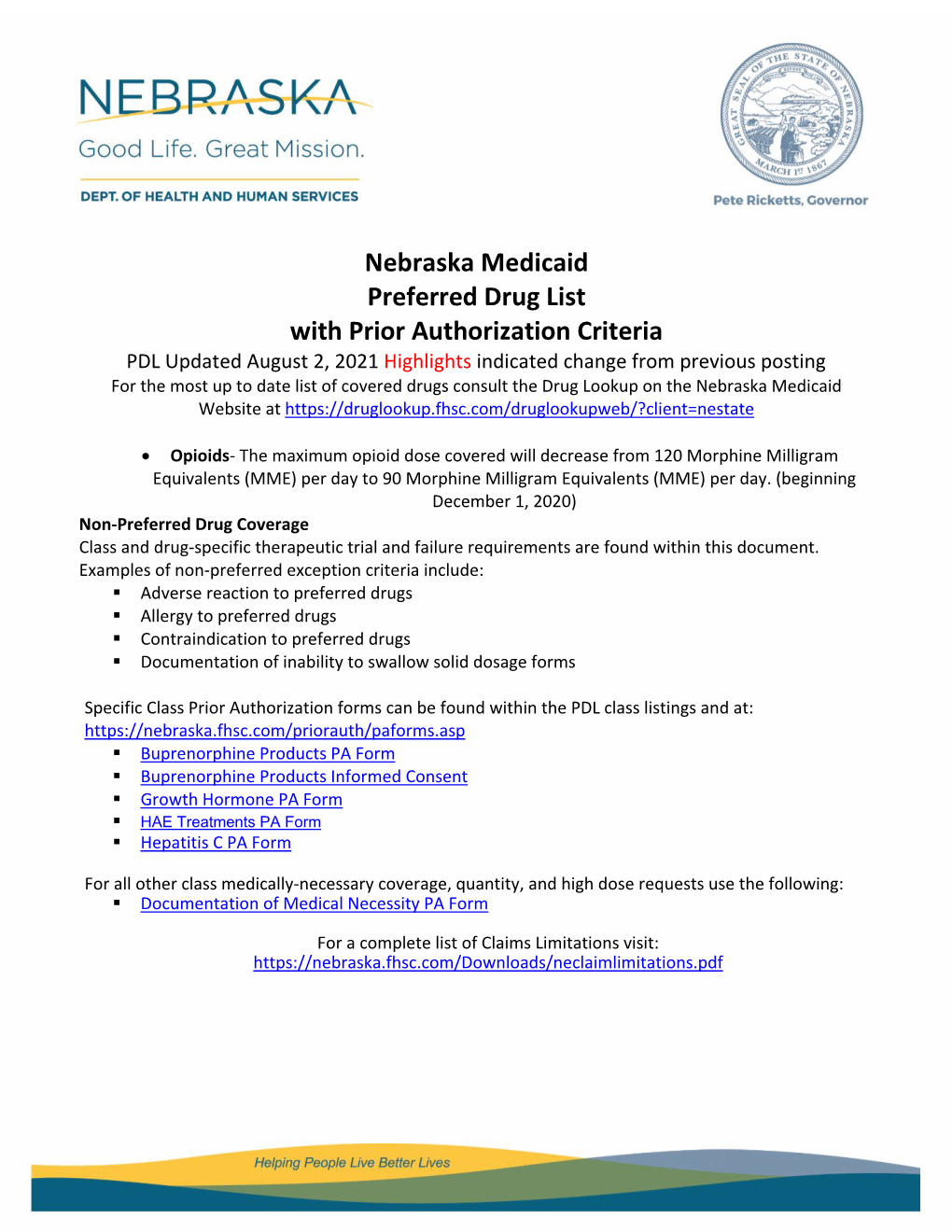 Nebraska Medicaid Preferred Drug List with Prior Authorization Criteria