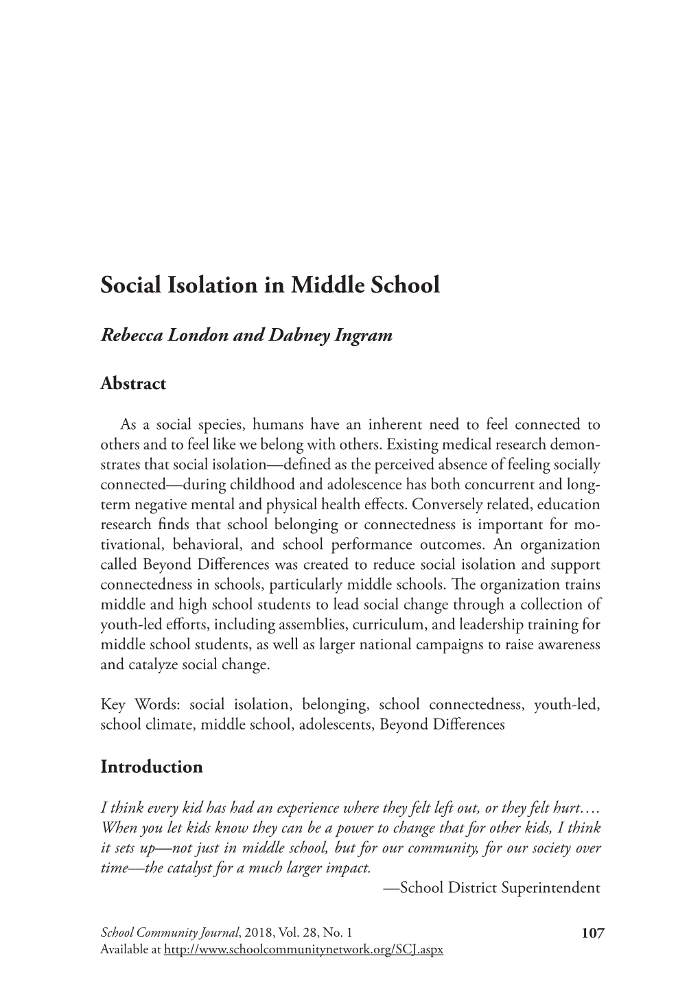 Social Isolation in Middle School