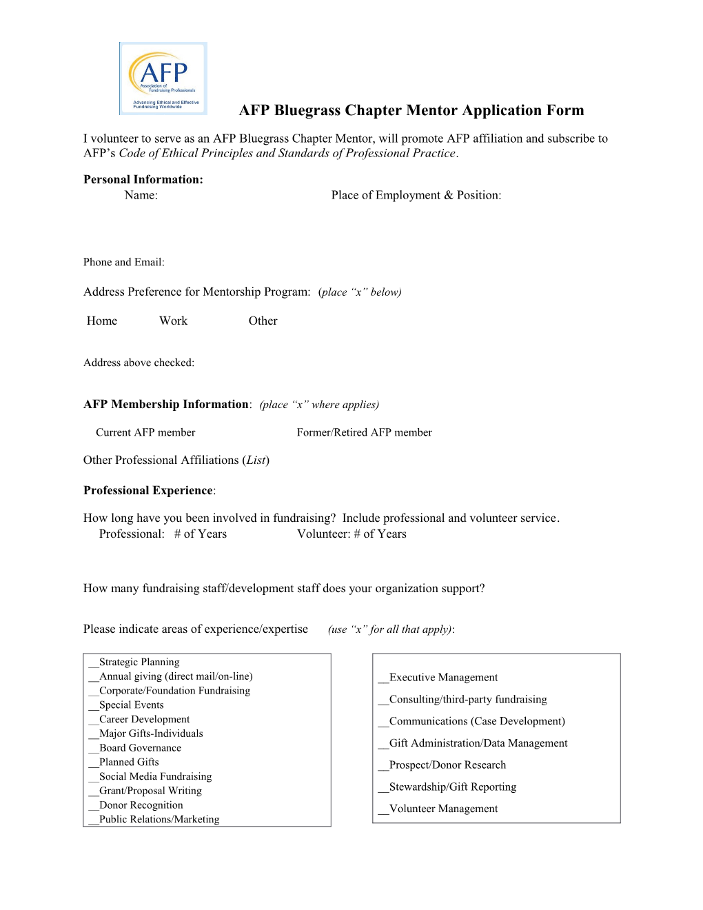 AFP Bluegrass Chapter Mentor Application Form