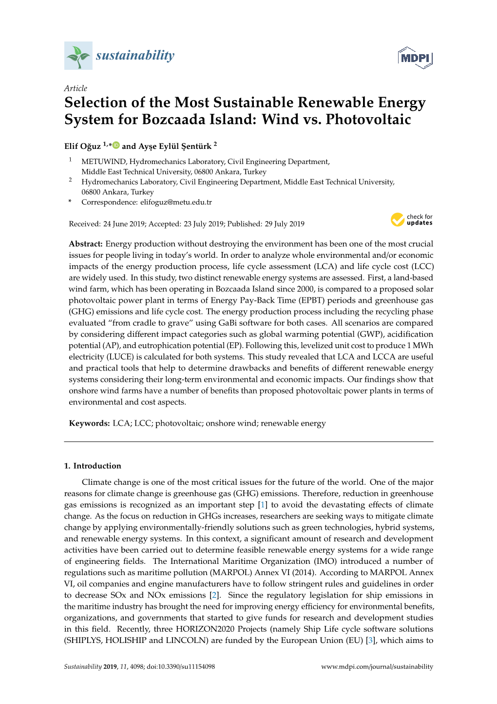 Selection of the Most Sustainable Renewable Energy System for Bozcaada Island: Wind Vs