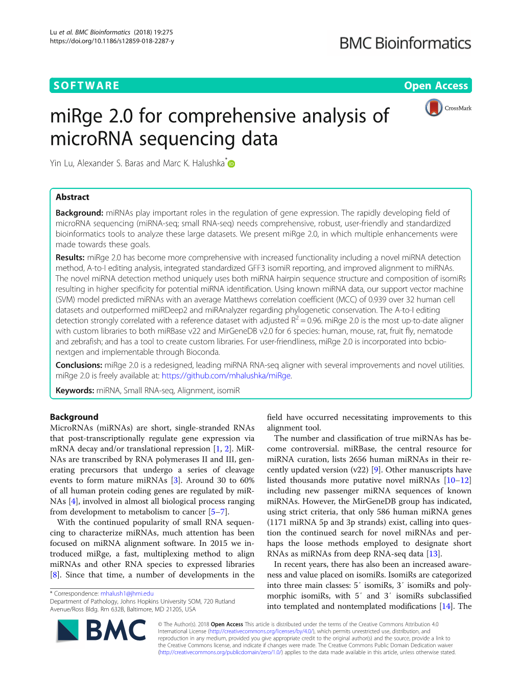 Mirge 2.0 for Comprehensive Analysis of Microrna Sequencing Data Yin Lu, Alexander S