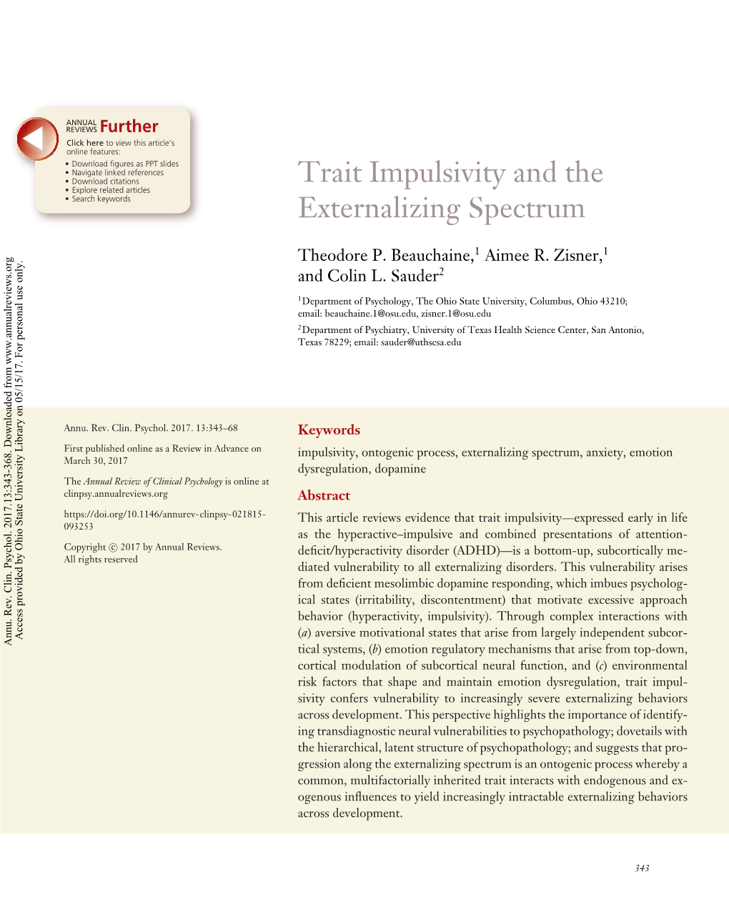 Trait Impulsivity and the Externalizing Spectrum 345 CP13CH14-Beauchaine ARI 13 April 2017 10:3